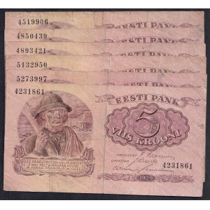 Estonia, Set of 6 banknotes, 5 Krooni, 1929, F-VF