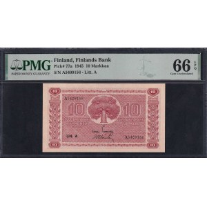 Finland, 10 Markkaa, 1945, Gem UNC 66 EPQ, ''TOP POP''