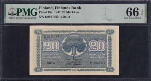 Finland, 20 Markkaa, 1945, Gem UNC 66 EPQ, ''TOP POP''