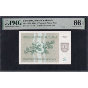 Lithuania, 3 Talonas, 1991, Gem UNC 66 EPQ