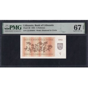 Lithuania, 1 Talonas, 1992, Superb Gem UNC 67 EPQ