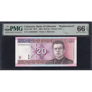 Litva, 20 Litu, 2001, Gem UNC 66 EPQ, ''Náhrada''