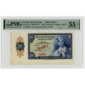 20 złotych 1939, Emigracia, SPECIMEN 00000, PMG 55 EPQ, szerokie marginesy z oznaczeniami arkusza