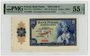 20 złotych 1939, Emigracia, SPECIMEN 00000, PMG 55 EPQ, szerokie marginesy z oznaczeniami arkusza