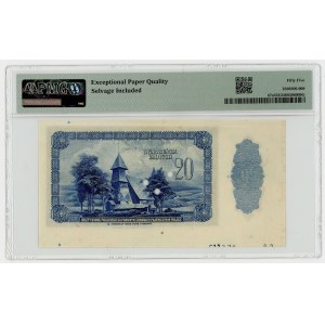 20 złotych 1939, Emigracia, SPECIMEN 00000, PMG 55 EPQ, szerokie marginesy z oznaczeniami arkusza
