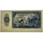 20 złotych 1939, Emigracia, SPECIMEN 00000, PMG 55 EPQ, szerokie marginesy z oznaczeniami arkusza