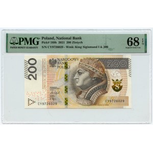 200 zloty 2021 - CY series so called: transitional, issued in 2015 and 2021- PMG 68 EPQ