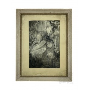 A. Głowacka (?) - Obraz Wnętrz Jaskini Stalagmity i Stalaktyty, Tusz na Papierze
