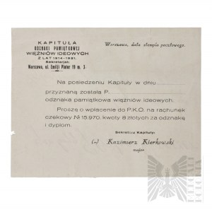 II RP Potwierdzenie Uiszczenia Opłaty za Odznakę Pamiątkową Więźniów Ideowych Dla Generała Dreszera