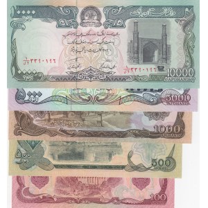 Afghanistan, 100 Afghanis, 500 Afghanis, 1000 Afghanis, 5000 Afghanis and 10.000 Afghanis, 1979-1993, UNC, (Total 5 banknotes)