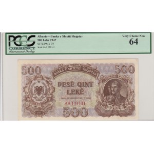 Albania, 500 Leke, 1947, UNC, p22