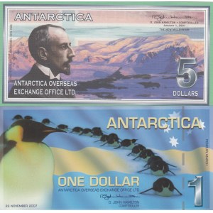 Antarctica, 1 Dollar and 5 Dollars, 2001-2007, UNC, (Total 2 banknotes)