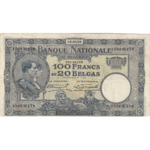 Belgium, 100 Francs or 20 Belgas, 1929, XF, p102