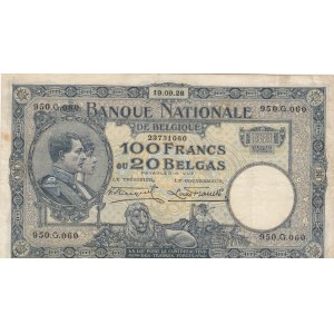 Belgium, 100 Francs or 20 Belgas, 1928, XF (-), p102
