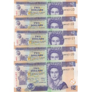 Belize, 2 Dollars, 2014, UNC, p66e, (Five consecutive banknotes)