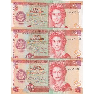 Belize, 5 Dollars, 2003,  UNC, p67a, (Total 3 banknotes)