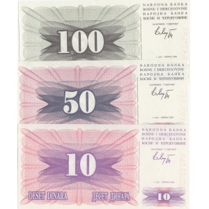 Bosnia- Herzegovina, 10 Dinara, 50 Dinara and 100 Dinara, 1992, UNC, p10 / p12 / p13, (Total 3 banknotes)