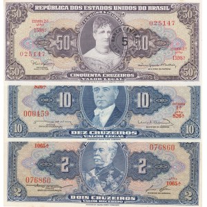 Brasil, 2 Cruzeiros, 10 Cruzeiros and 50 Cruzeiros, UNC, (Total 3 banknotes)