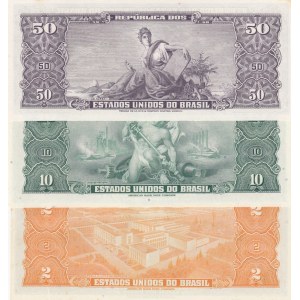 Brasil, 2 Cruzeiros, 10 Cruzeiros and 50 Cruzeiros, UNC, (Total 3 banknotes)