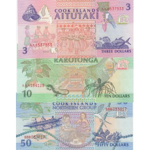 Cook Islands, 3 Dollars, 10 Dollars and 50 Dollars, 1992, UNC, p7, p8, p10, (Total 3 banknotes)