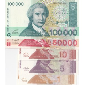 Croatia, 1 Dinar, 5 Dinars, 10 Dinars, 50.000 Dinars and 100.000 Dinars, 1991-1993, UNC, (Total 5 banknotes)