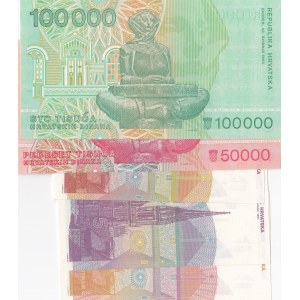 Croatia, 1 Dinar, 5 Dinars, 10 Dinars, 50.000 Dinars and 100.000 Dinars, 1991-1993, UNC, (Total 5 banknotes)