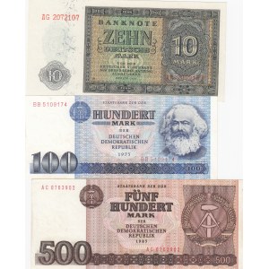 Demokratic Germany Republic, 10 Mark, 100 Mark and 500 Mark, 1948 / 1975 / 1985, UNCL, p12 / p31 / p33, (Total 3 banknotes)