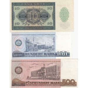 Demokratic Germany Republic, 10 Mark, 100 Mark and 500 Mark, 1948 / 1975 / 1985, UNCL, p12 / p31 / p33, (Total 3 banknotes)