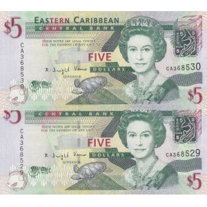 East Caribbean, 5 Dollars (2), 2008, UNC, p47, (Total 2 consecutive banknotes)