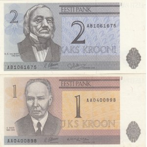 Estonia, 1 Kroon and 2 Kroon, 1992, UNC, p69 / p70, (Total 2 banknotes)