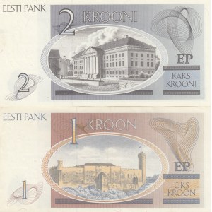 Estonia, 1 Kroon and 2 Kroon, 1992, UNC, p69 / p70, (Total 2 banknotes)