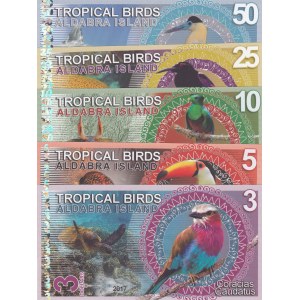 Tropical Birds lot, 3 Dollars, 5 Dollars, 10 Dollars, 25 Dollars and 50 Dollars, 2017, UNC, FANTASY BANKNOTES, (Total 5 banknotes)