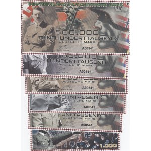 Adolf Hitler banknotes, 1000 Mark, 5.000 Mark, 10.000 Mark, 50.000 Mark, 100.000 Mark and 500.000 Mark, UNC, FANTASY BANKNOTES, (Total 6 banknotes)