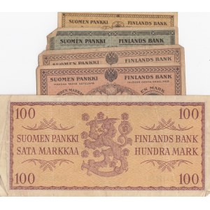 Finland, 25 Pennia, 50 Pennia, 1 Markka (2) and 100 Markkaa, 1916 / 1957, POOR / VERY FINE, (Total 5 banknotes)