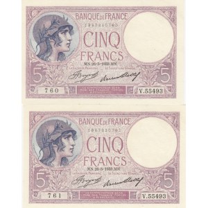 France, 5 francs, 1933, UNC, p72e, (Total 2 consecutive banknotes)