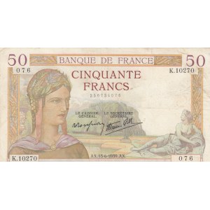 France, 50 Francs, 1939, VF, p85b