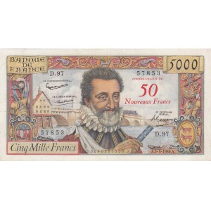 France, 50 New Francs (5000 Francs), 1959, AUNC (-), p130b