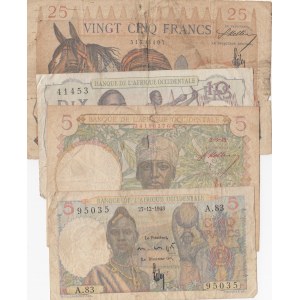 French West Africa, 5 Francs (2), 10 Francs, 25 Francs, 1942 /1948, POOR / VF, (Total 4 banknotes)