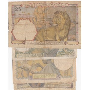 French West Africa, 5 Francs (2), 10 Francs, 25 Francs, 1942 /1948, POOR / VF, (Total 4 banknotes)