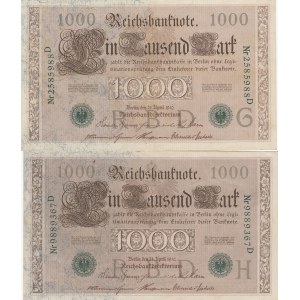 Germany, 1000 Mark, 1910, AUNC / UNC, p44, (Total 2 banknotes)