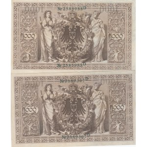 Germany, 1000 Mark, 1910, AUNC / UNC, p44, (Total 2 banknotes)