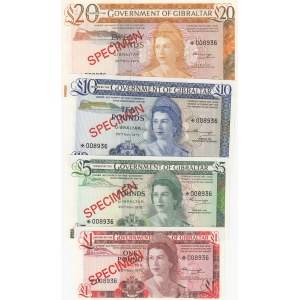 Gibraltar, 1-5-10 and 20 Pounds, 1975, UNC, p20as-p21as- p22as-p23as, SPECIMEN, (Total 4 banknotes)