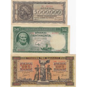 Greece, 50 Drachmai, 5.000 Drachmai and 5.000.000 Drachmai, 1939/ 1942 / 1944, XF / AUNC, p107 / p119 / p128a, (Total 3 banknotes)