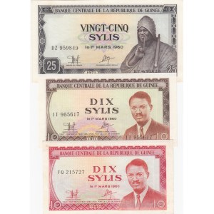 Guinea, 10 Sylis (2) and 25 Sylis, 1971-1980, UNC, p16-p23-p24, (Total 3 banknotes)