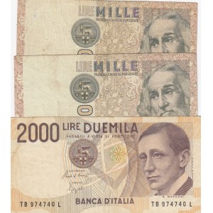 İtaly, 1.000 Lire and 2000 Lire, 1982 /1990, FİNE / VF, p109 -p115, (Total 3 banknotes)