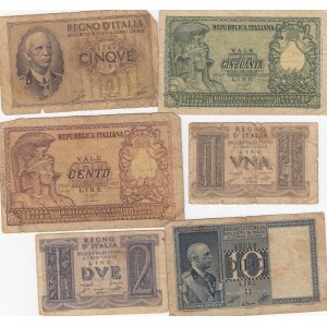 İtaly, 1 Lire (1939) / 2 Lire (1939) / 5 Lire (1940) / 10 Lire (1935)  / 50 Lire (1951) / 100 Lire (1951), POOR, p21,  p27,  p28, p25, p91, p92, (Total 6 banknotes)