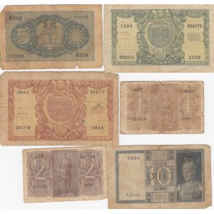 İtaly, 1 Lire (1939) / 2 Lire (1939) / 5 Lire (1940) / 10 Lire (1935)  / 50 Lire (1951) / 100 Lire (1951), POOR, p21,  p27,  p28, p25, p91, p92, (Total 6 banknotes)