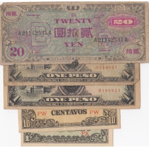 Japan, 1 Centavo, 10 Centavos, 1 Peso (2) and 20 Yen, POOR / UNC, (Total 6 banknotes)