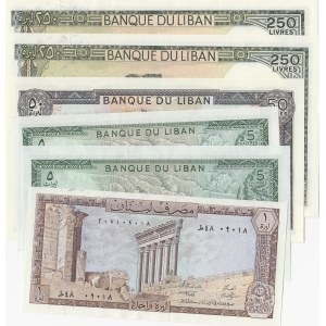 Lebanon, 1 Livre, 5 Livres (2), 50 Livres and 250 Livres (2), 1964-1986, UNC, (Total 6 banknotes)