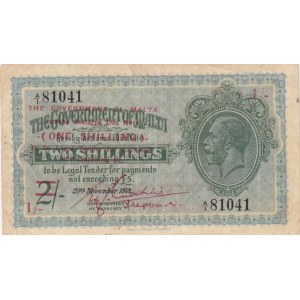 Malta, 2 Shillings on 1 Shilling, 1918, VF, p15